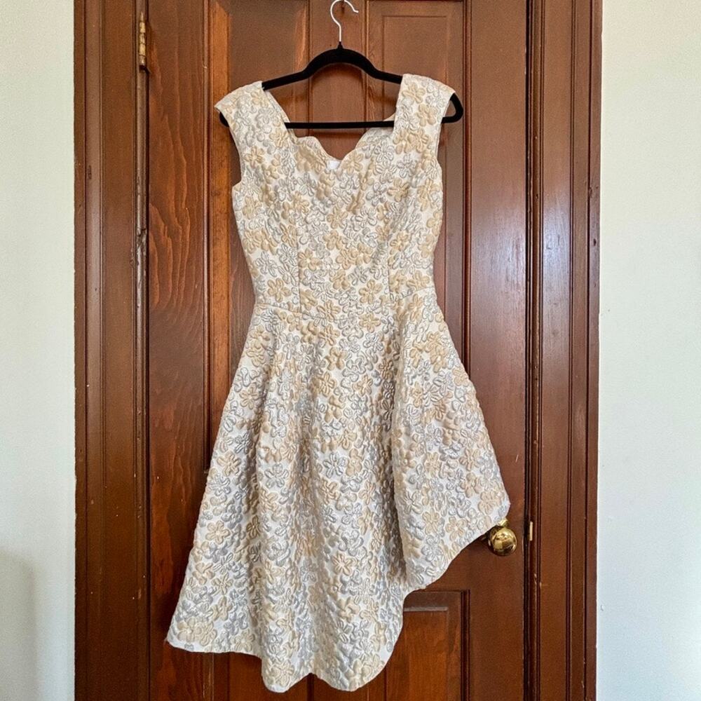 Simone Rocha Cream Silver Floral Jacquard Fit Flare Dress Bridal Cocktail Sz 2